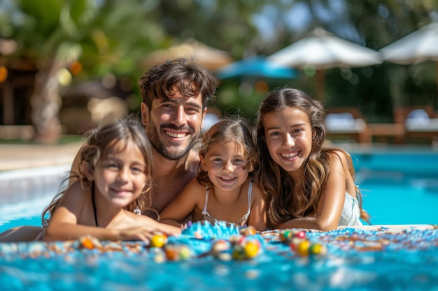 Photo happy spanish family playing games by the pool