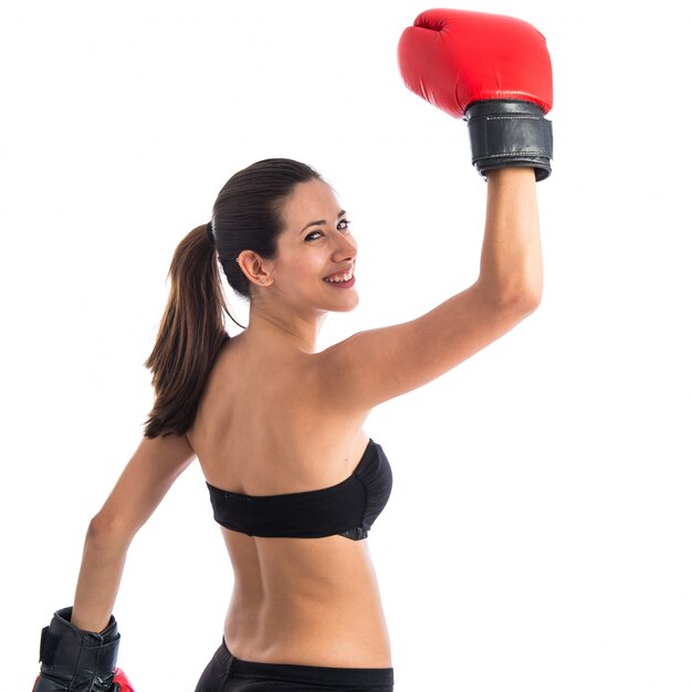 Happy sport woman with boxing gloves 