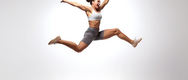 Photo happy sports woman workout exercising over copy space backgroud