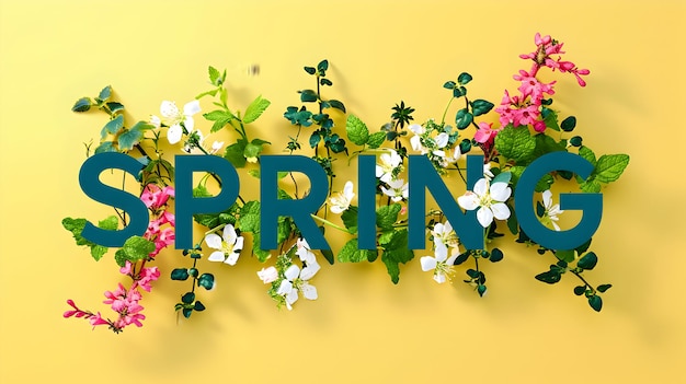 Photo happy spring background with colorful greeting and text effect