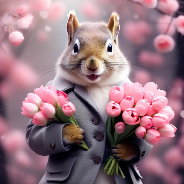 Photo happy squirrel chipmunk in a fashionable gray jacket with a bouquet of pink tulips in his hands congratulations on the holiday of march 8th