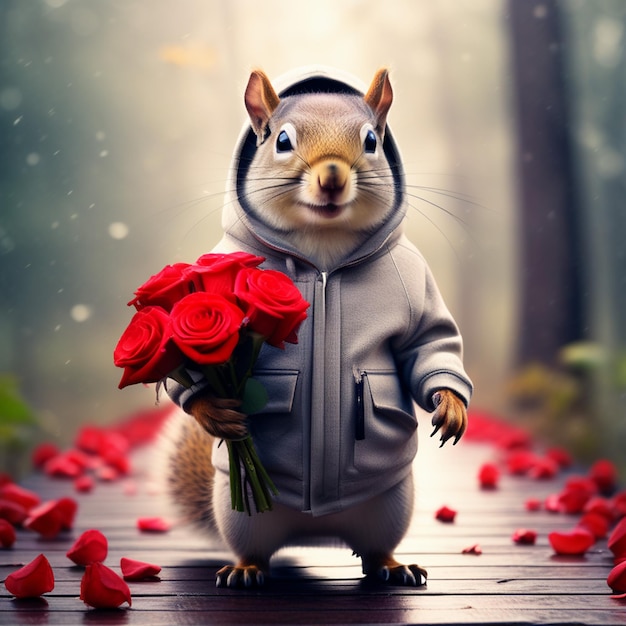 Foto felice scoiattolo chipmunk in una giacca alla moda con un cappuccio sulla testa con un bouquet di rose rosse nelle mani congratulazioni per la festa dell'8 marzo