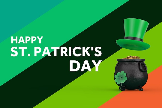 Happy St Patrick's Day Concept Elf Green Hat over ijzeren ketel Pot vol gouden munten met Happy St Patrick's Day teken op een veelkleurige achtergrond 3D-Rendering