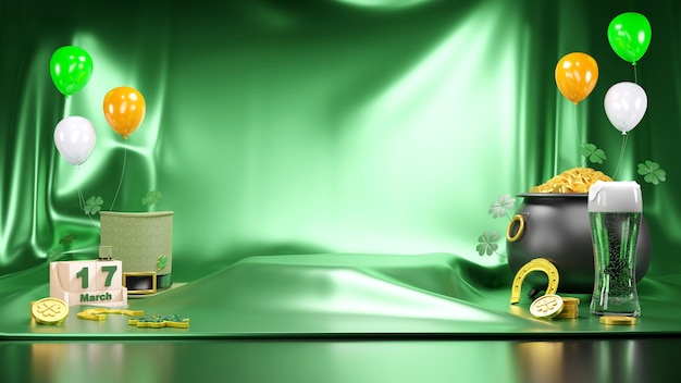 Happy St. Patrick's Day greeting Podium, beer glass and green hat on bright green background. 3d Rendering