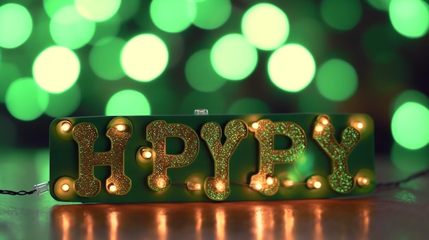 Happy St Patrick's Day Text Over Green Bokeh Lights Background Generative AI