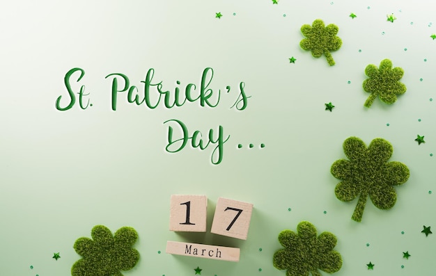happy st patricks day decoration concept made from shamrocks clover leaf and wooden calendar