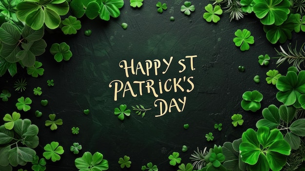 Happy St Patricks Day Greeting on Dark Green Clover Background