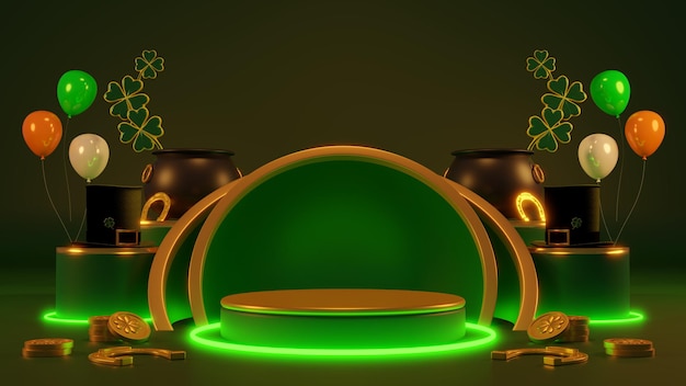 Happy St Patricks Day greeting Podium beer glass and green hat on bright green background 3d Rendering