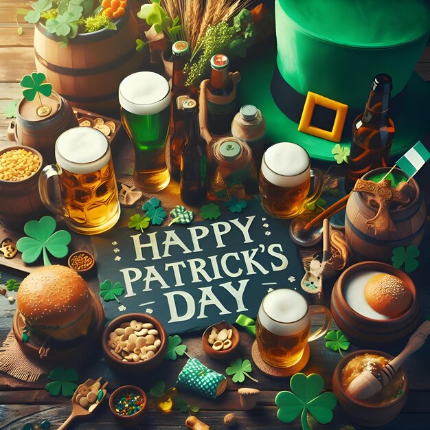 Foto illustrazione di happy st. patrick's day la composizione include un cappello di leprechaun birra shamrockgolden