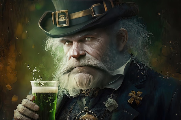 Happy St Patricks Day Man drink a beer Lepricon hat with glasses in the shape of a three leaf clover on a green background Nonexistent person Irish traditions concept Generative of AI