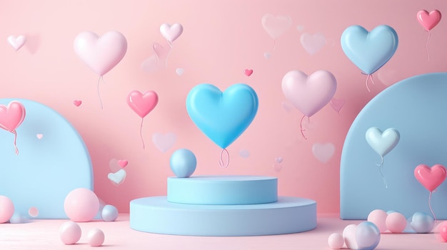 Happy St Valentines day podium display with flying blue pastel pink heart shape Romantic love design template