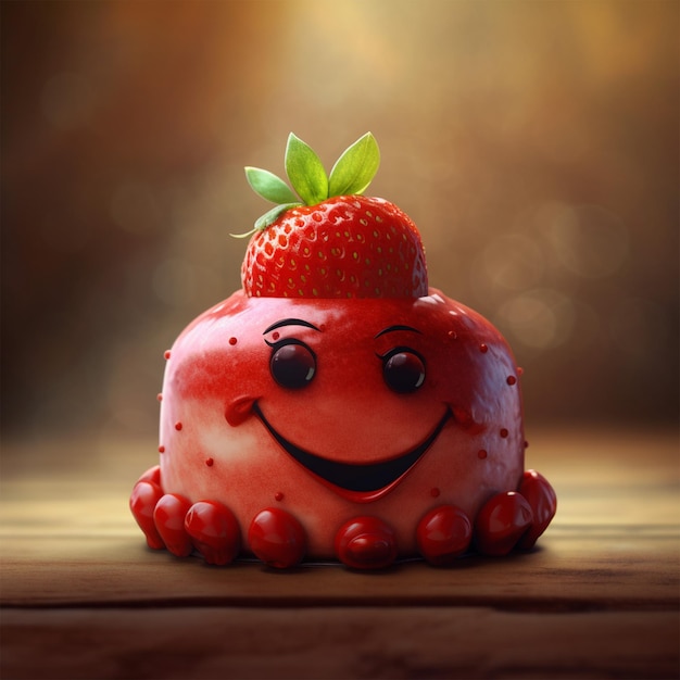 A Happy Strawberry on a Delicious Strawberry Cake