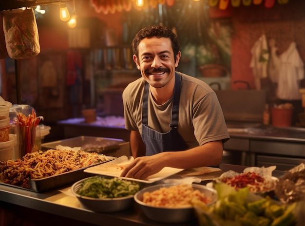 Photo happy street food taquero worker