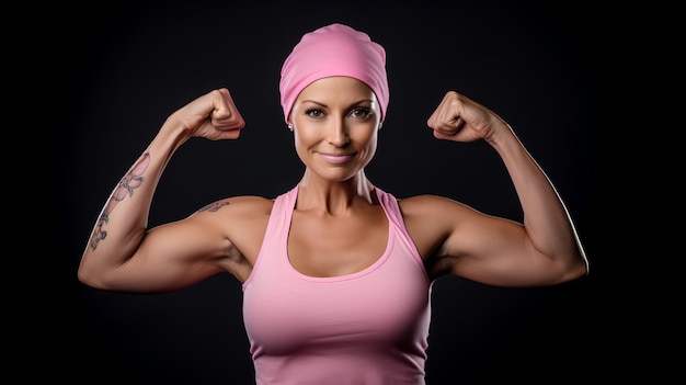 写真 手の上腕二頭筋と拳を持ち、病気と闘う強さと自信を示す幸せな強い女性がん患者女性が腫瘍と闘い、勝利することに成功した頭のポートレート
