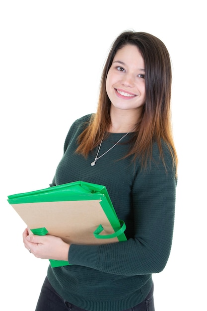 Happy student girl poses looking at camera in white background