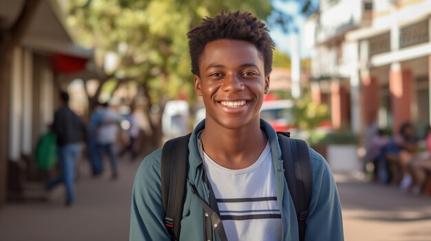 幸せな学生 アフリカ系アメリカ人の男性学生の肖像画とバックパック