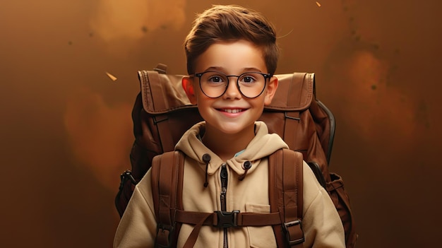 Happy student with a backpack on a brown backdrop