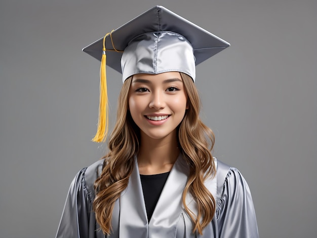Happy student with graduation hat and diploma on grey