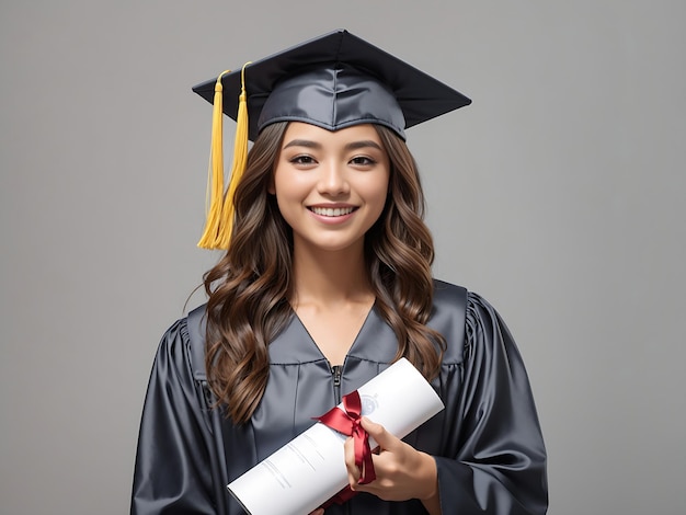 Happy student with graduation hat and diploma on grey