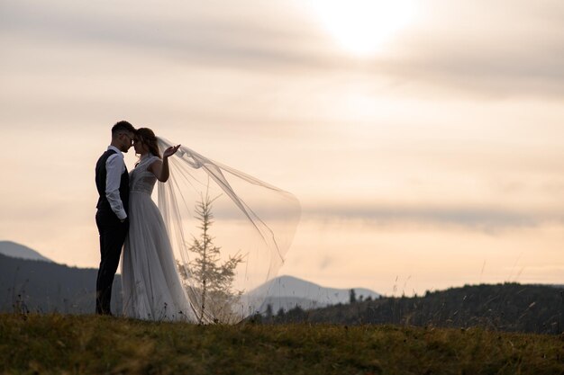 夏の晴れた日に山で走って楽しんで幸せなスタイリッシュな新郎新婦