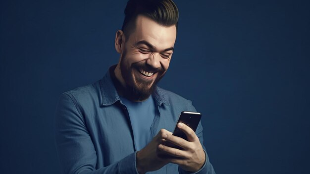 A happy stylish man with a beard watches a smartphone in his hands on a dark blue background