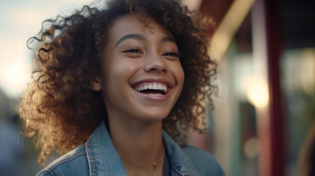 Happy stylish mixed race millennial woman in denim jacket with dental smile