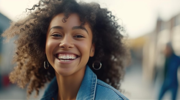 Happy stylish mixed race millennial woman in denim jacket with dental smile