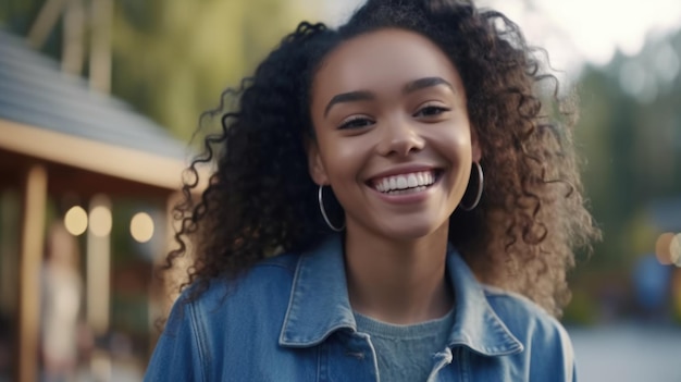 Happy stylish mixed race millennial woman in denim jacket with dental smile