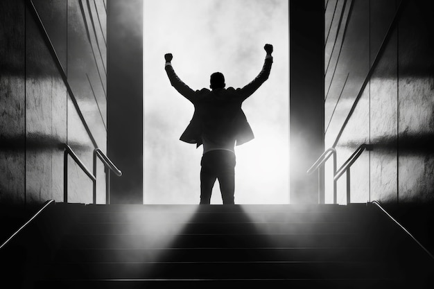 Happy Successful Business Man Raises His Hands He Has His Business Victory with cinematic light ray