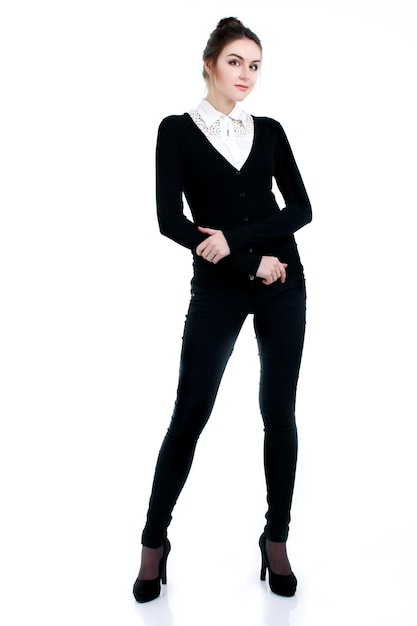 Happy successful business woman in black suit