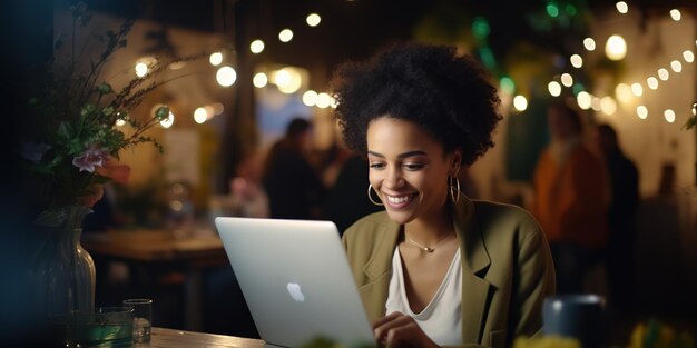 Happy successful business woman using laptop computer in creative work