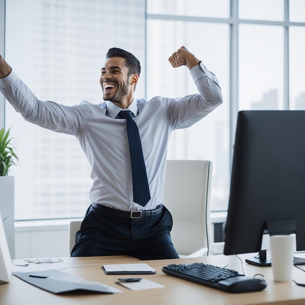 Foto un uomo d'affari felice e di successo in un ufficio