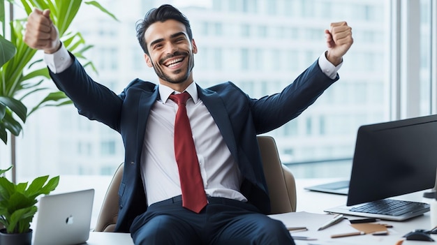 Happy successful businessman in office background