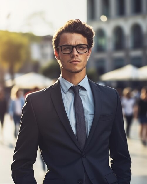 Happy successful businessman standing in big city modern skyscrapers street