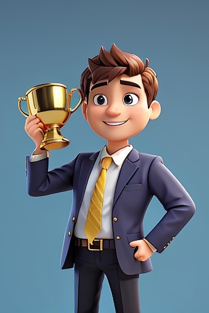 Счастливый успешный бизнесмен, стоящий на золотой чаше 3D-иллюстрация персонажа