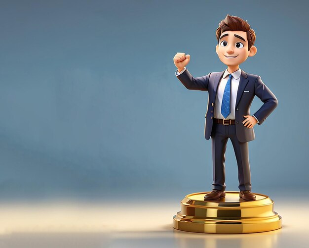 Happy successful businessman standing on golden podium 3d character illustration