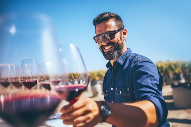 Happy successful male winemaker is tasting a flavor and checking red wine quality from a glass on vineyards background