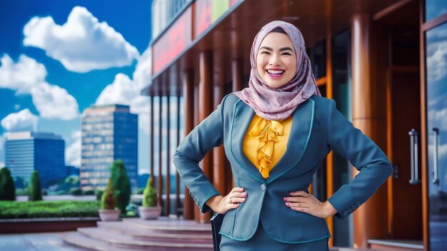 Happy successful muslim businesswoman posing outside