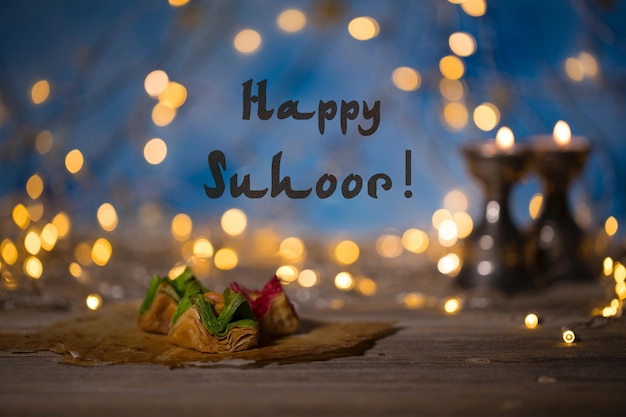 Happy suhoor happy predawn meal arabic sweets on a wooden\
surface candle holders night light and night blue sky with crescent\
moon in the background