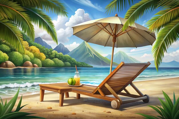 Photo happy summer day umbrella cocktail on beach illustration lounge with sea on tropical background