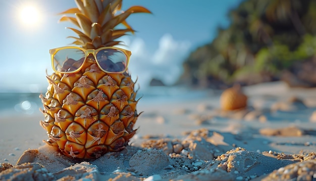 Photo happy summer sun glass is on pineapple at beach sea view background summer holiday concept
