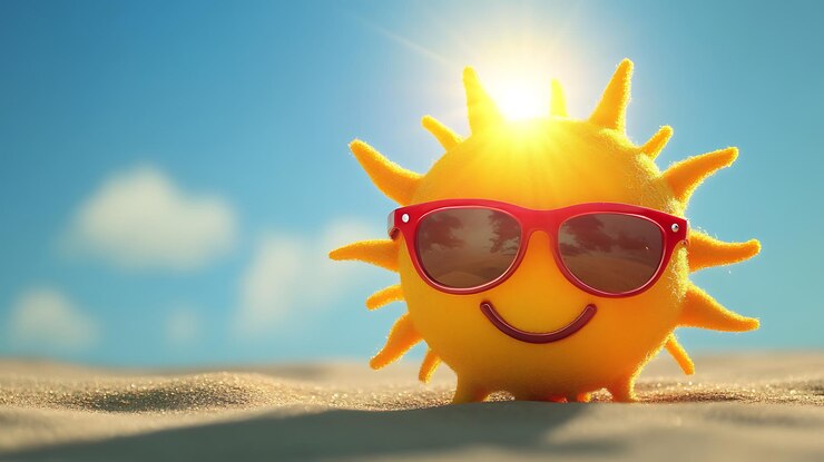 Photo happy sun wearing sunglasses on sandy beach