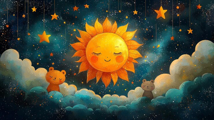 Happy Sun with Cute Bears and Stars in Dreamy Night Sky