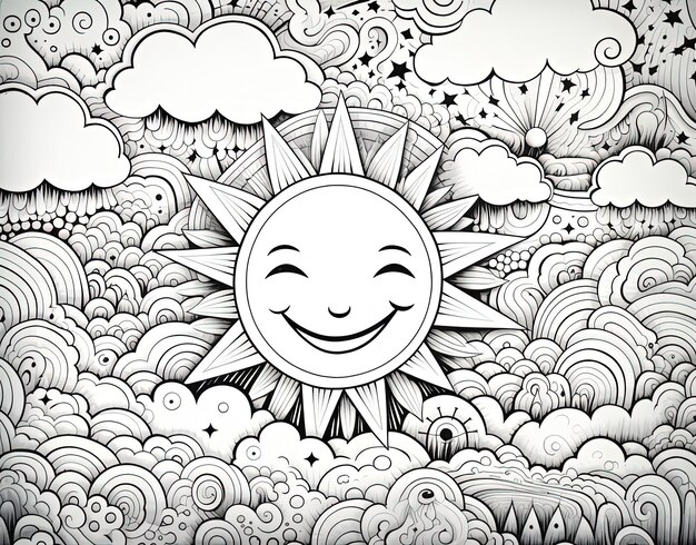 Фото Счастливый солнечный день цветная страница с улыбками в стиле космического пейзажа