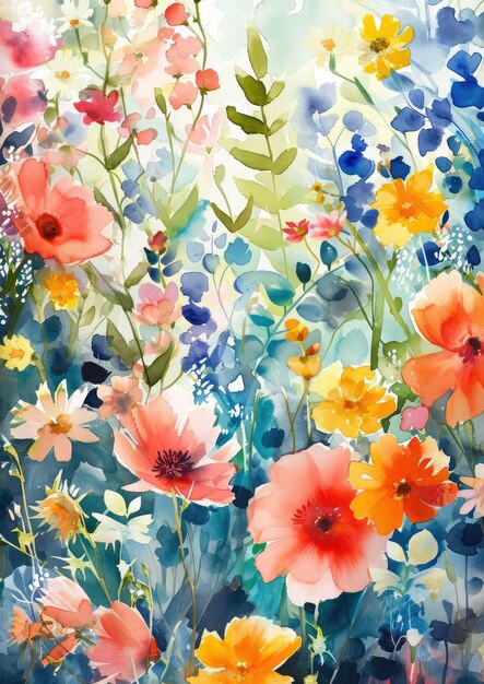 A happy sunny watercolour background of various densely packed European summer blossoms ar 1014 v 6 Job ID 7c0c326d1aa14615967083a76640b7b4