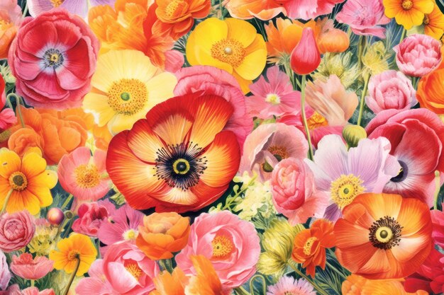 Photo a happy sunny watercolour background of various densely packed european summer blossoms