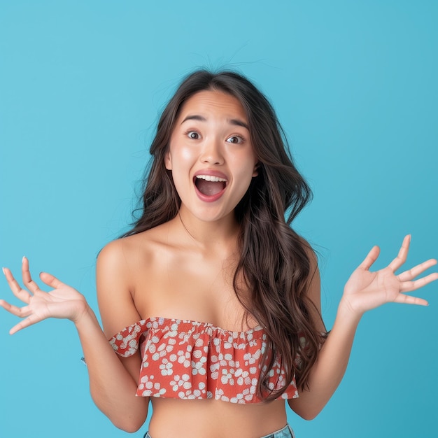 happy surprised asian woman with opened mouth standing with open palms