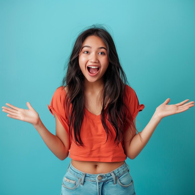 happy surprised asian woman with opened mouth standing with open palms