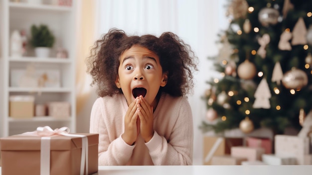 Piccola ragazza felice e sorpresa con scatole da regalo sotto l'albero di natale a casa