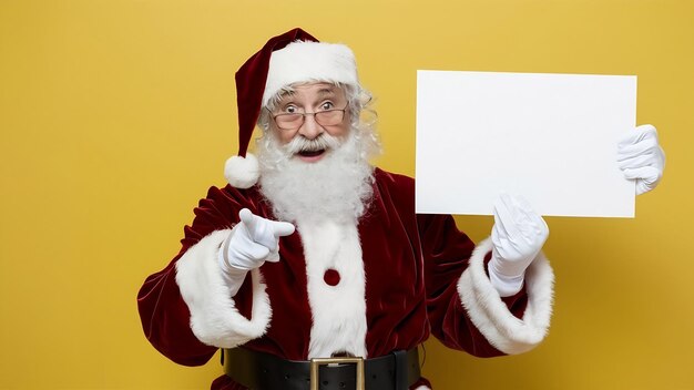 Счастливый удивленный Санта-Клаус, указывающий на пустой рекламный баннер на заднем плане с пространством для копирования